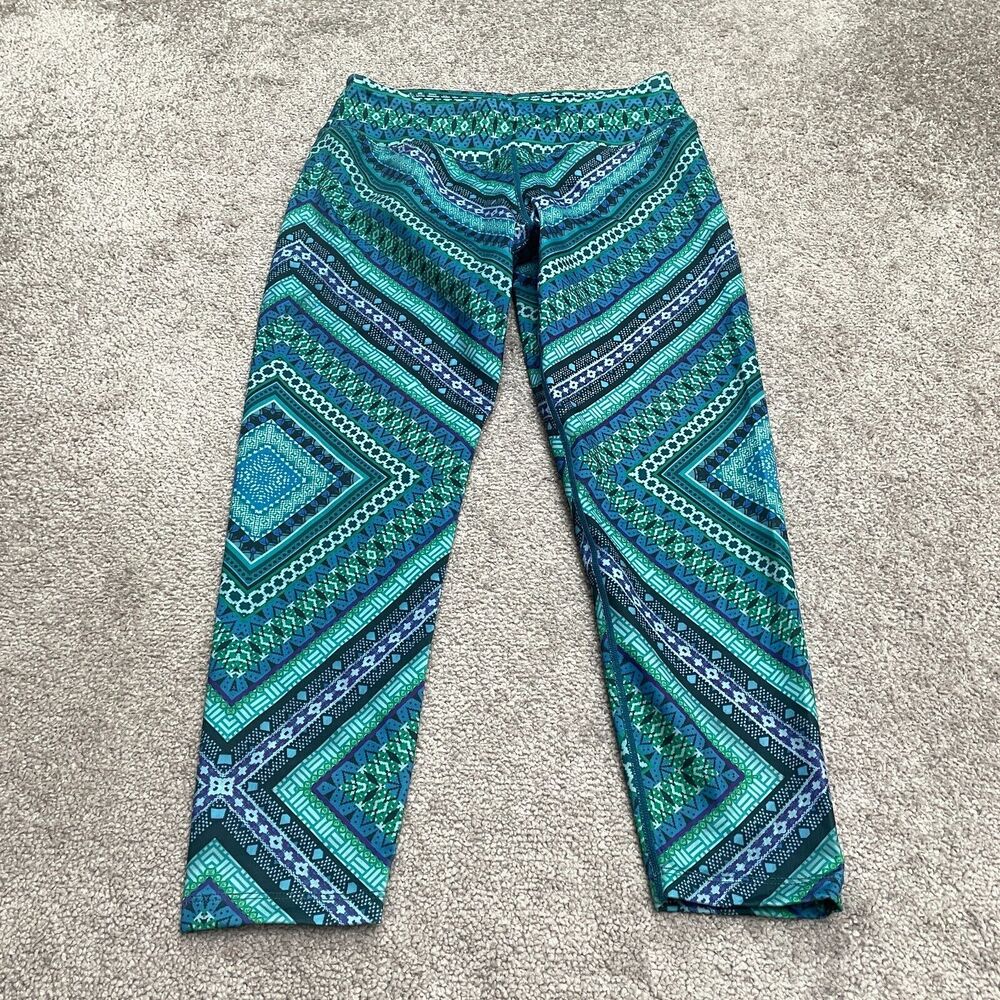Prana Cropped Leggings Womens Medium Blue Green Geometric Active Athletic 26x23